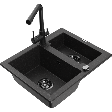 Mexen Carlos Granitspüle 1,5-beckig mit Küchenarmatur Duero, schwarz/silber metallic - 6518-73-671600-70-B