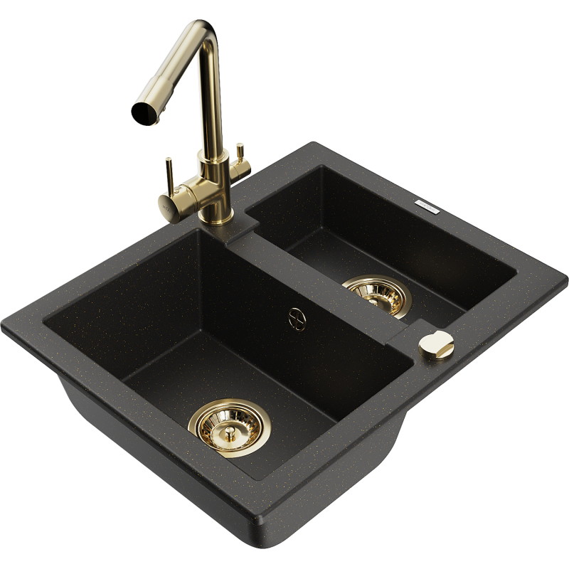 Mexen Carlos Granitspüle 1,5 Becken mit Küchenarmatur Duero, schwarz/gold metallic - 6518-75-671600-50