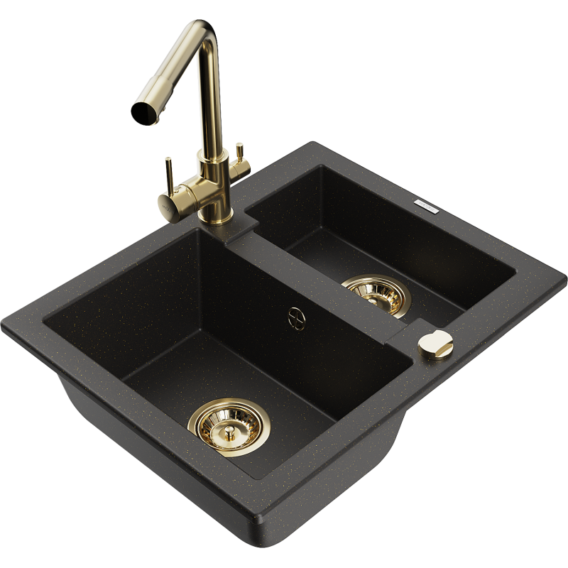 Mexen Carlos Granitspüle 1,5-beckig mit Küchenarmatur Duero, schwarz/gold metallic - 6518-75-671600-50