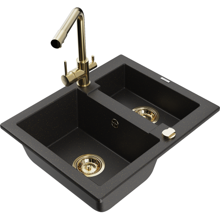 Mexen Carlos Granitspüle 1,5 Becken mit Küchenarmatur Duero, schwarz/gold metallic - 6518-75-671600-50