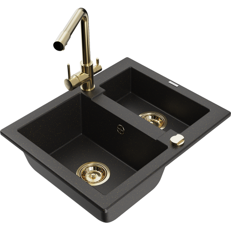 Mexen Carlos Granitspüle 1,5-beckig mit Küchenarmatur Duero, schwarz/gold metallic - 6518-75-671600-50