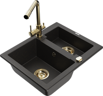 Mexen Carlos Granitspüle 1,5-beckig mit Küchenarmatur Duero, schwarz/gold metallic - 6518-75-671600-50