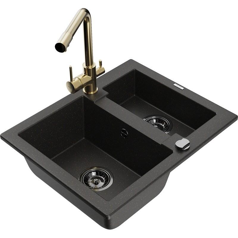 Mexen Carlos Granitspüle 1,5-Becken mit Küchenarmatur Duero, schwarz/gold metallisch - 6518-75-671600-50-B