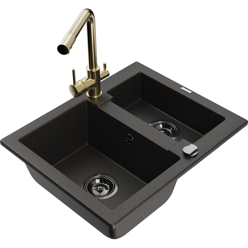 Mexen Carlos Granitspüle 1,5-fach mit Küchenarmatur Duero, schwarz/gold metallic - 6518-75-671600-50-B