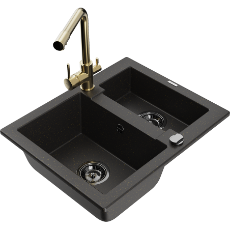 Mexen Carlos Granitspüle 1,5-fach mit Küchenarmatur Duero, schwarz/gold metallic - 6518-75-671600-50-B