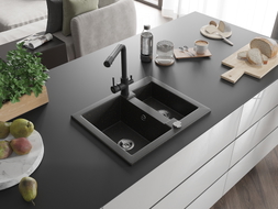 Mexen Carlos Granitspüle 1,5-Becken mit Küchenarmatur Duero, schwarz/gold metallic - 6518-75-671600-70