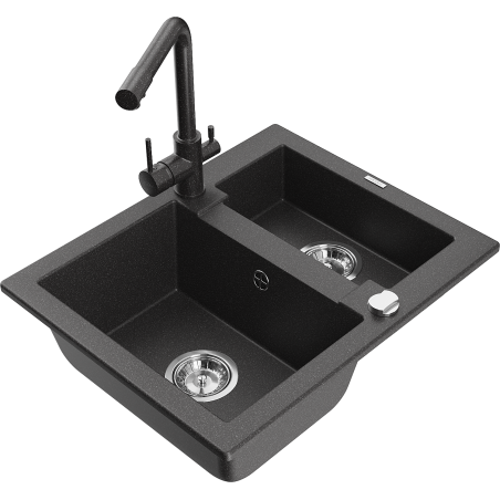 Mexen Carlos 1,5-Bowl Granitspüle mit Küchenarmatur Duero, schwarz gesprenkelt - 6518-76-671600-76