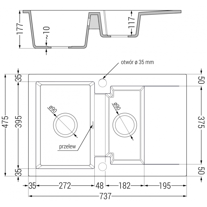 Mexen Gaspar Granitspüle 1,5 Kammern mit Abtropffläche 737 x 475 mm, schwarz gesprenkelt, Siphon chrom - 6507731505-76