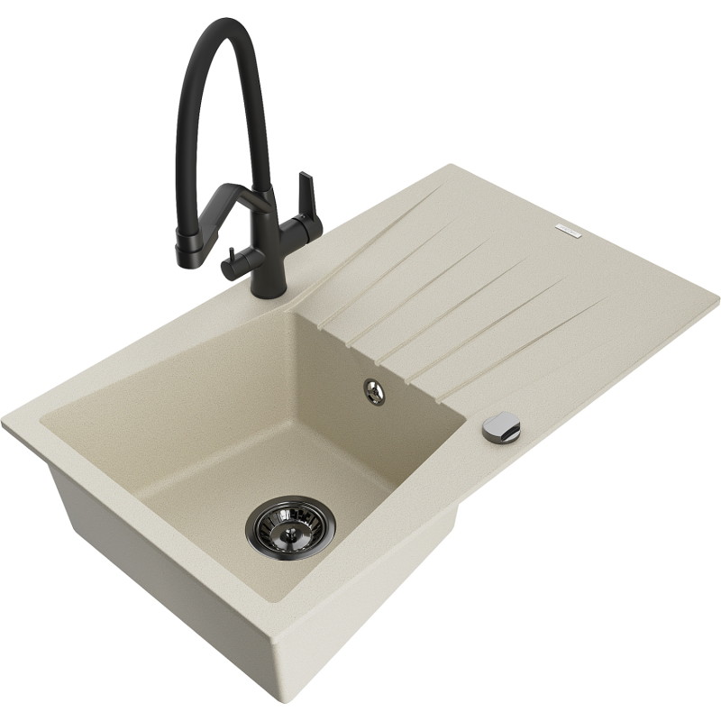 Mexen Cesar Granitspüle 1-Becken mit Abtropffläche und Küchenarmatur Duo, beige - 6514-69-671701-70-B
