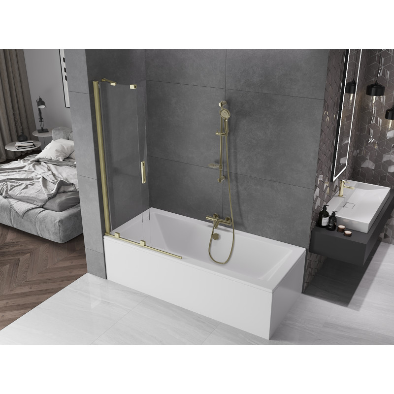Mexen Velar Badewannenabtrennung 2-flügelig verschiebbar 95 x 150 cm, transparent, gebürstetes Gold - 896-095-000-01-55