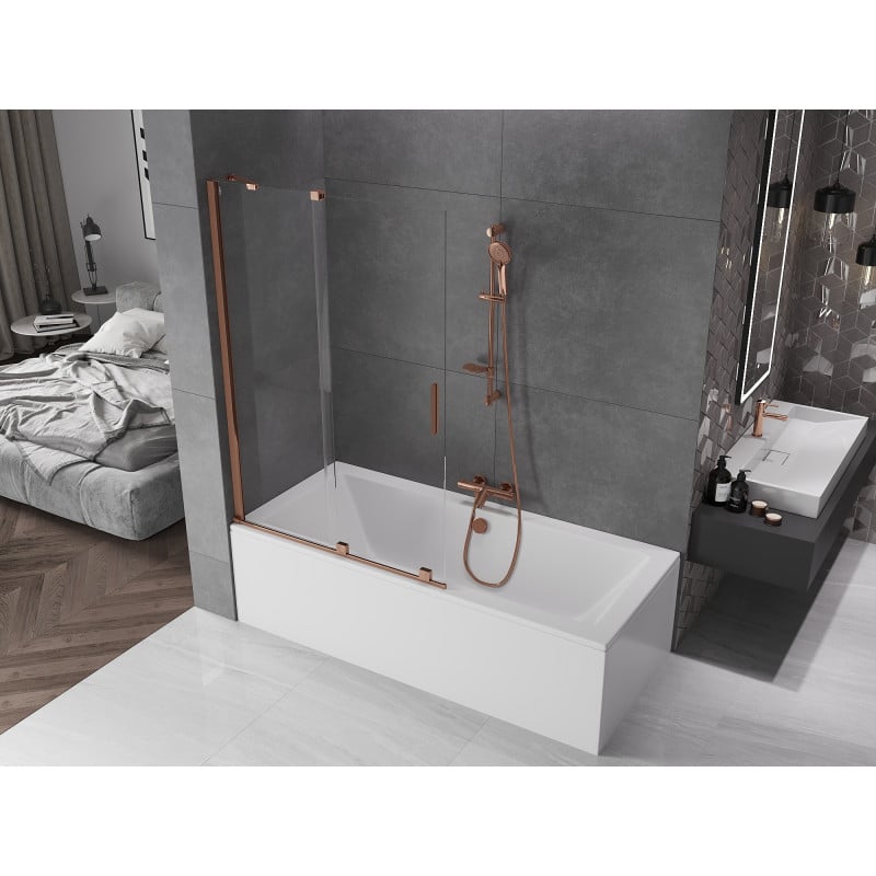 Mexen Velar Badewannenabtrennung 2-flügelig verschiebbar 110 x 150 cm, transparent, Roségold - 896-110-000-01-60