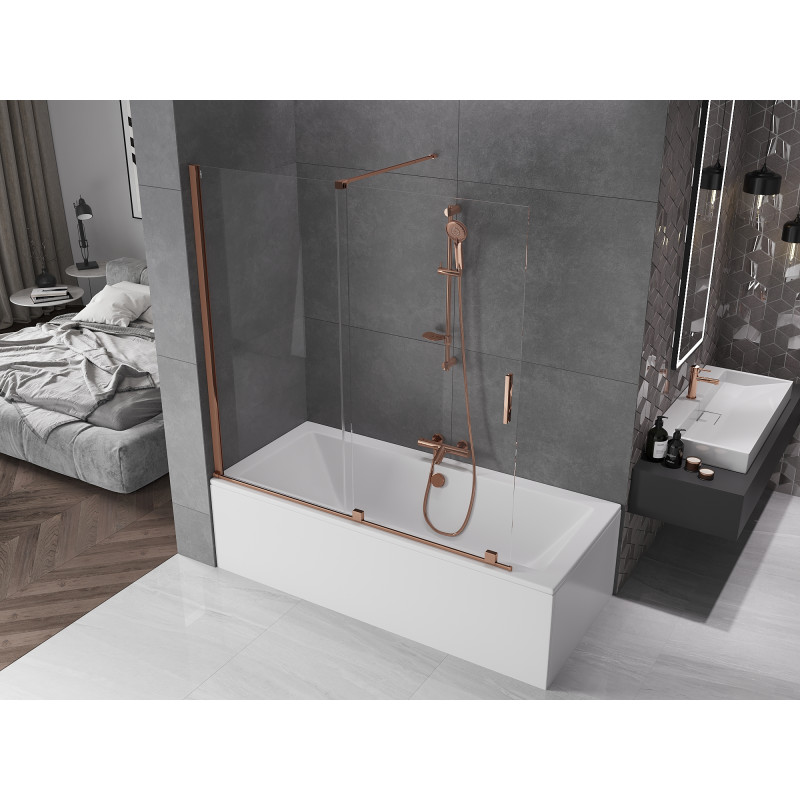 Mexen Velar Badewannenabtrennung 2-flügelig, verschiebbar 160 x 150 cm, transparent, Roségold - 896-160-000-01-60