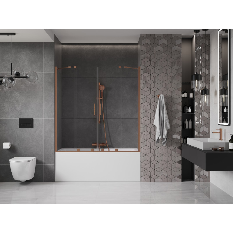 Mexen Velar Duo Badewannenfaltwand 2-flügelig, verschiebbar 150 x 150 cm, transparent, gebürstetes Kupfer - 896-150-000-02-65