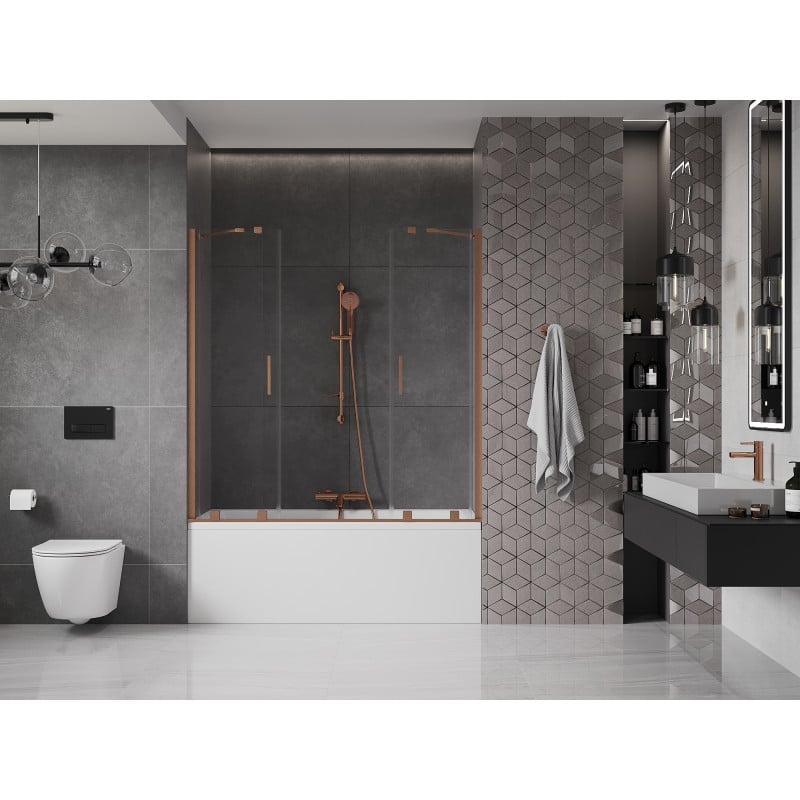 Mexen Velar Duo Wannenschutz 2-flügelig verschiebbar 160 x 150 cm, transparent, gebürstetes Kupfer - 896-160-000-02-65