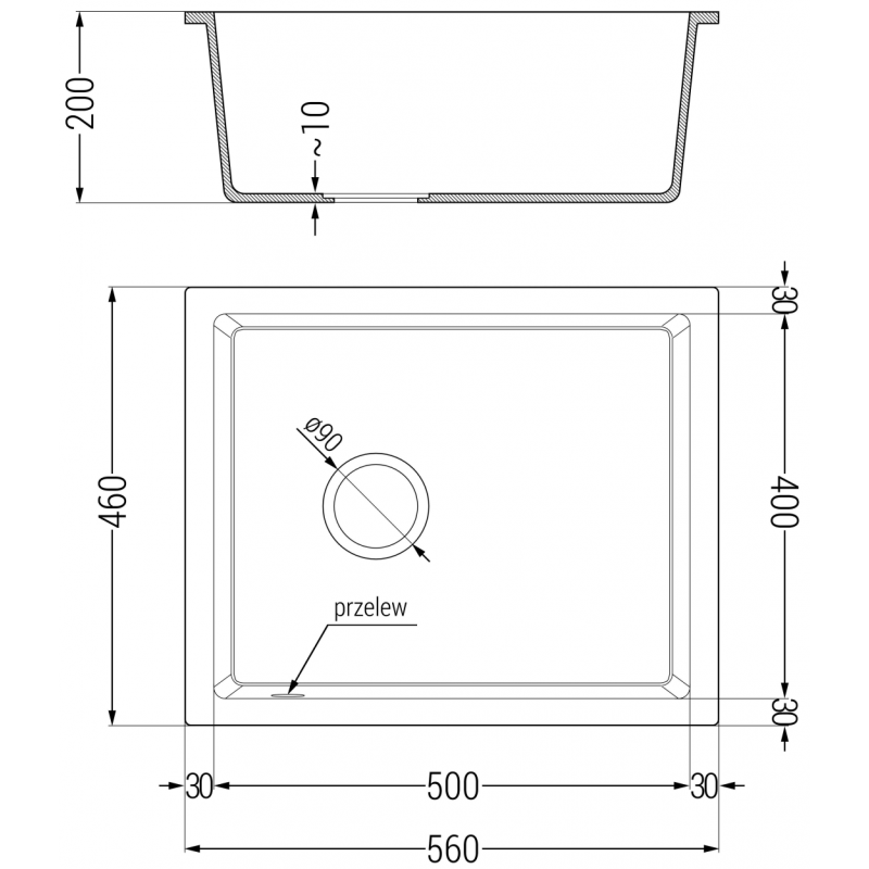 Mexen Pedro Granitspüle 1-becken 560 x 460 mm, schwarz/silber metallic, Chrom Siphon - 6508561000-73