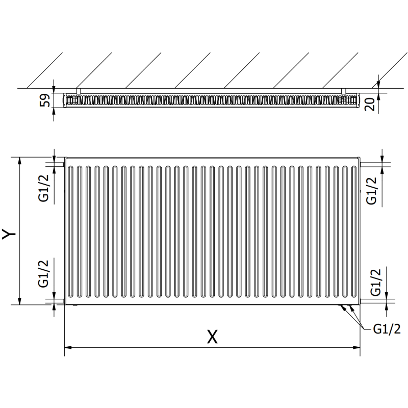 Mexen CV11 Plattenheizkörper 600 x 2000 mm, unterer Anschluss, 1867 W, weiß - W611-060-200-00