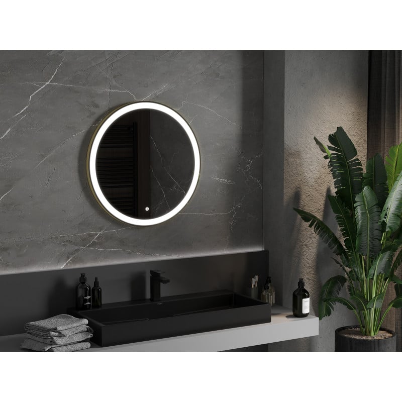 Mexen Esso beleuchteter Badezimmerspiegel, rund 70 cm, LED 6000K, Antibeschlag, goldener Rahmen - 9825-070-070-611-50