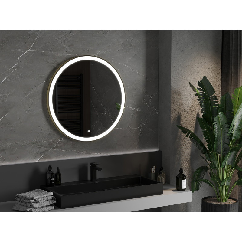Mexen Esso beleuchteter Badezimmer-Spiegel, rund 80 cm, LED 6000K, Antibeschlag, goldener Rahmen - 9825-080-080-611-50