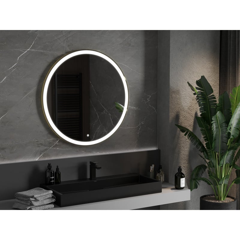 Mexen Esso beleuchteter Badezimmer-Spiegel, rund 90 cm, LED 6000K, Antibeschlag, goldener Rahmen - 9825-090-090-611-50