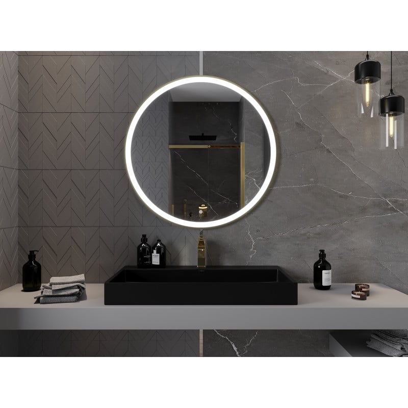 Mexen Esso beleuchteter Badezimmer-Spiegel, rund 90 cm, LED 6000K, Antibeschlag, goldener Rahmen - 9825-090-090-611-50