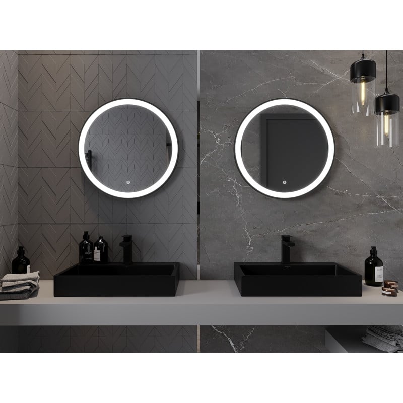 Mexen Esso beleuchteter Badezimmerspiegel, rund 60 cm, LED 6000K, Antibeschlag, schwarzer Rahmen - 9825-060-060-611-70