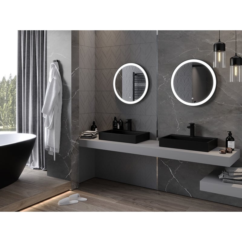 Mexen Esso beleuchteter Badezimmerspiegel, rund 60 cm, LED 6000K, Antibeschlag, schwarzer Rahmen - 9825-060-060-611-70