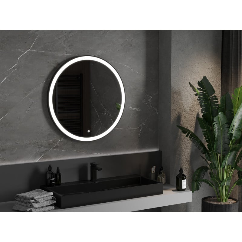 Mexen Esso beleuchteter Badezimmerspiegel, rund 80 cm, LED 6000K, Antibeschlag, schwarzer Rahmen - 9825-080-080-611-70