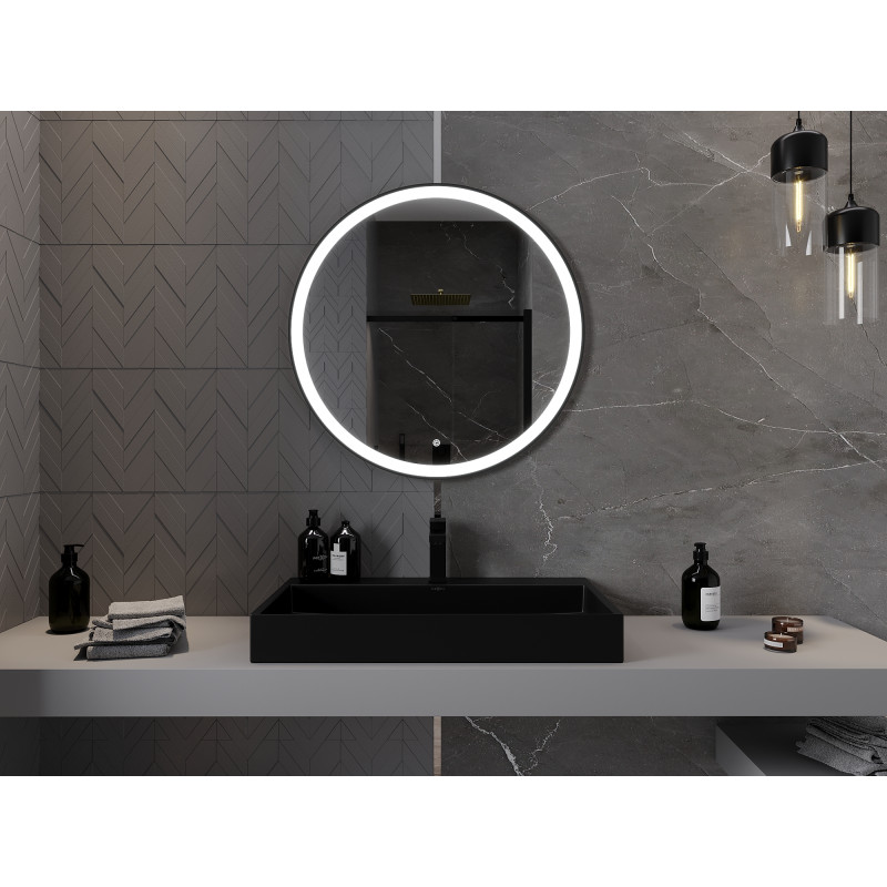 Mexen Esso beleuchteter Badezimmerspiegel, rund 80 cm, LED 6000K, Antibeschlag, schwarzer Rahmen - 9825-080-080-611-70