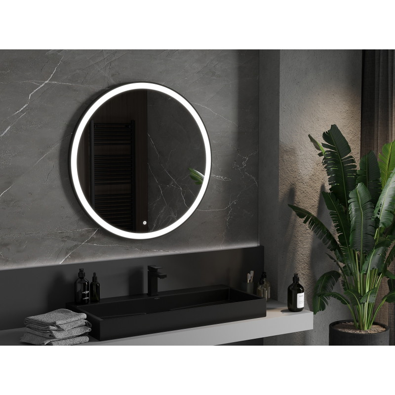 Mexen Esso beleuchteter Badezimmerspiegel, rund 90 cm, LED 6000K, Antibeschlag, schwarzer Rahmen - 9825-090-090-611-70