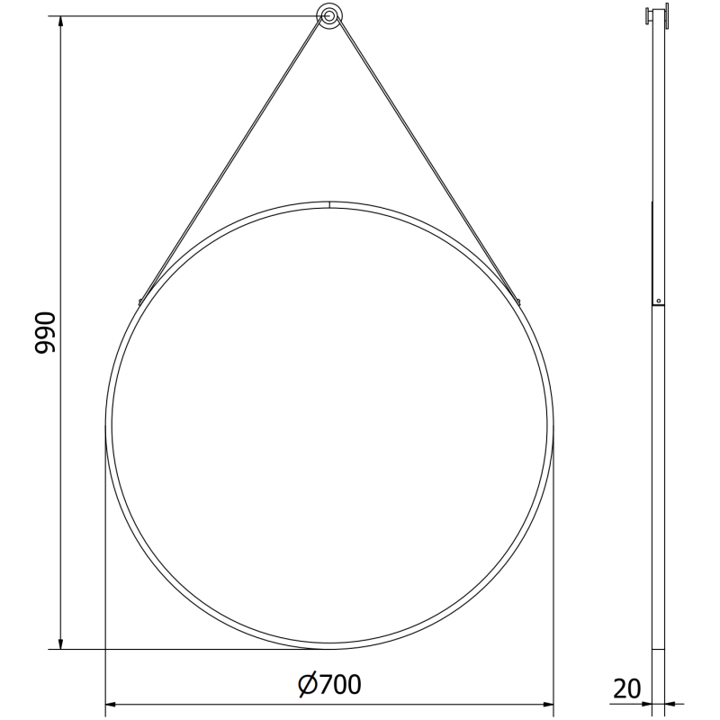 Mexen String Badezimmerspiegel rund 70 cm, schwarzer Rahmen - 9854-070-070-000-70