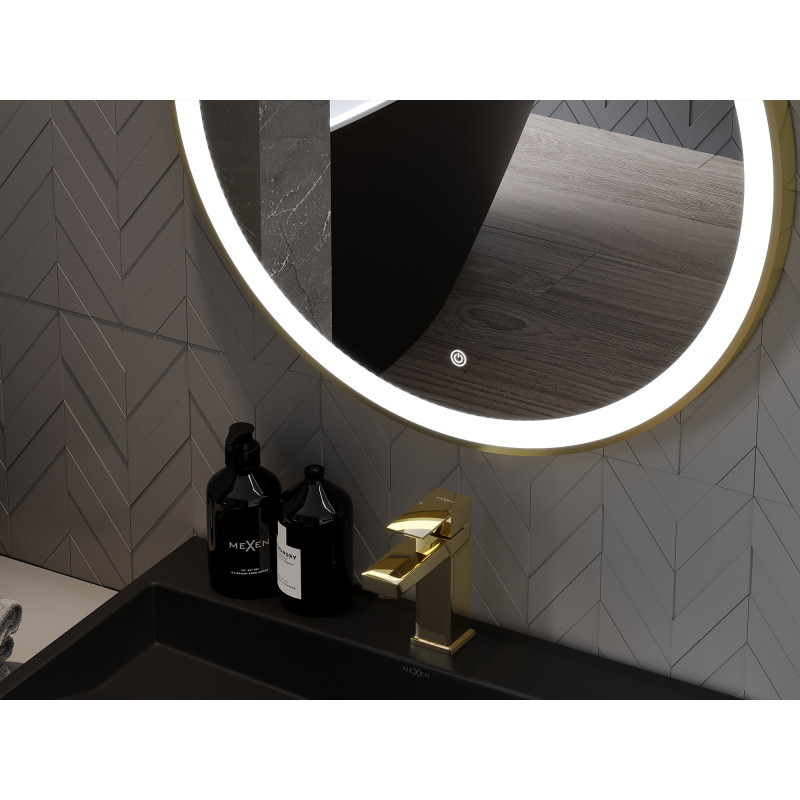 Mexen Esso beleuchteter Badezimmerspiegel, rund 70 cm, LED 6000K, Antibeschlag, goldener Rahmen - 9825-070-070-611-50