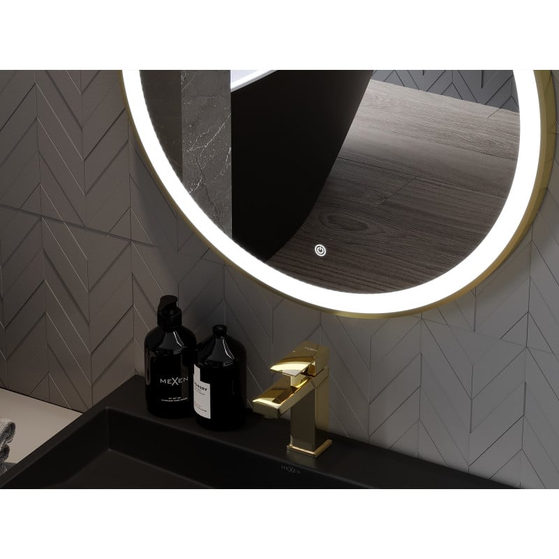 Mexen Esso beleuchteter Badezimmer-Spiegel, rund 90 cm, LED 6000K, Antibeschlag, goldener Rahmen - 9825-090-090-611-50