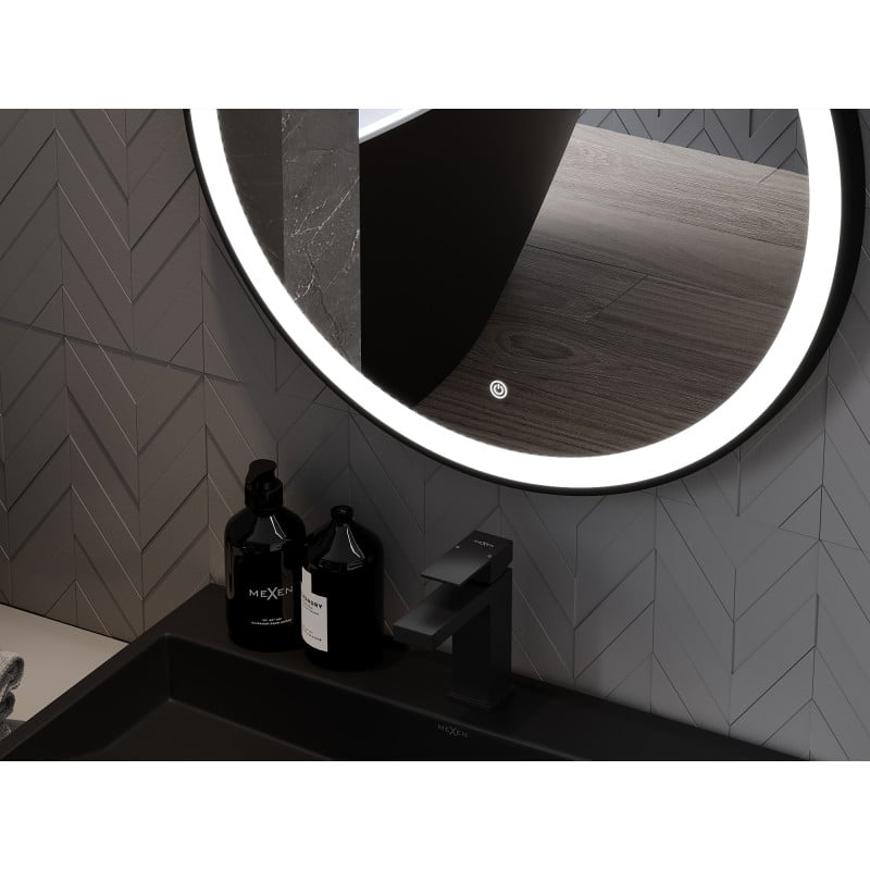 Mexen Esso beleuchteter Badezimmerspiegel, rund 80 cm, LED 6000K, Antibeschlag, schwarzer Rahmen - 9825-080-080-611-70