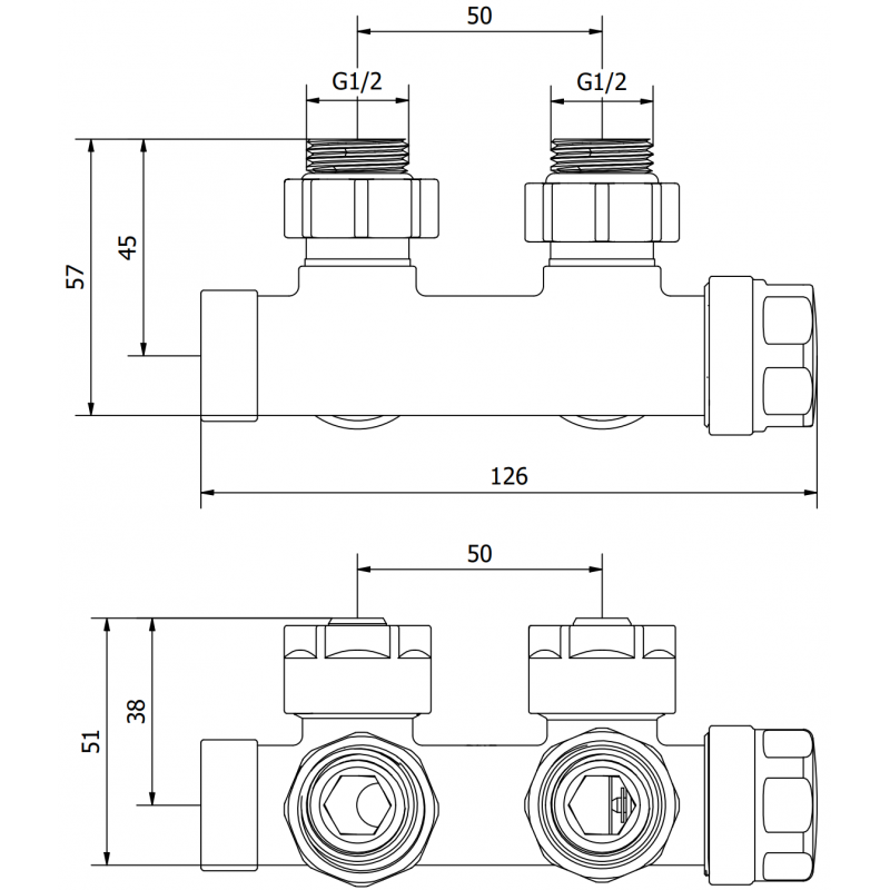 Mexen Uni-Term Heizkörperventil, Winkelform, Duplex, DN50, Chrom - W907-000-01