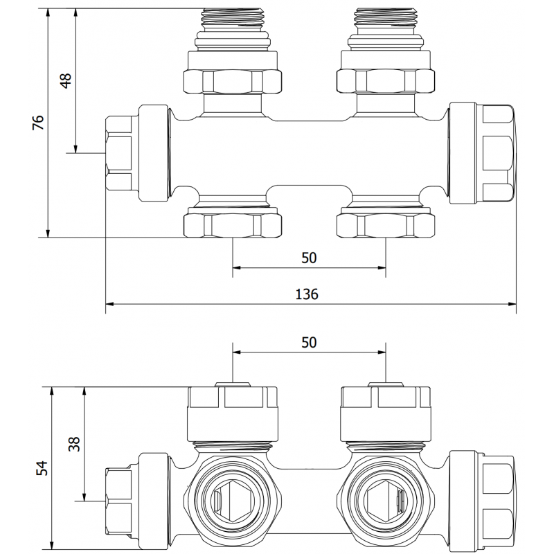 Mexen Uni-Term Heizkörperventil Winkel/Gerade, Duplex, DN50, gold - W908-000-50