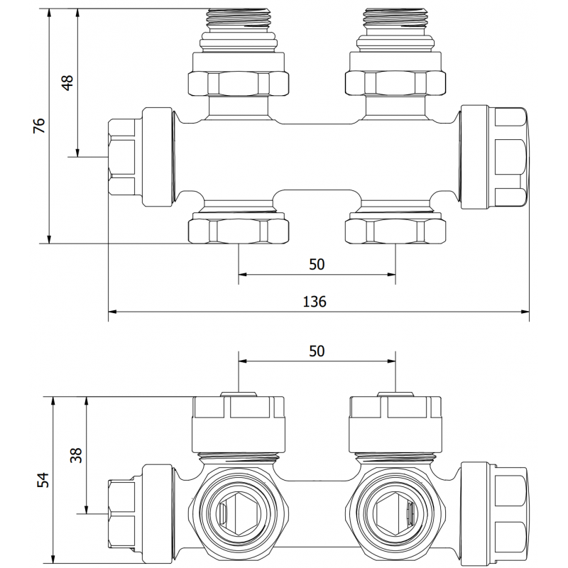 Mexen Uni-Term Heizkörperventil, abgewinkelt/gerade, Duplex, DN50, schwarz - W908-000-70