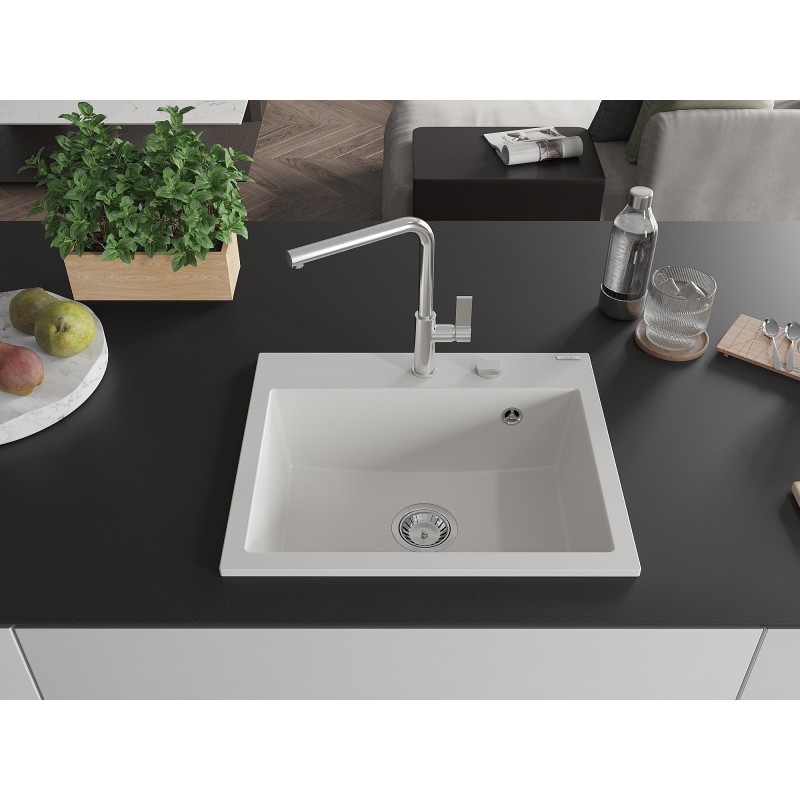 Mexen Oscar Granitspüle 1-Becken 580 x 490 mm, weiß, Chrom Siphon - 6519581000-20