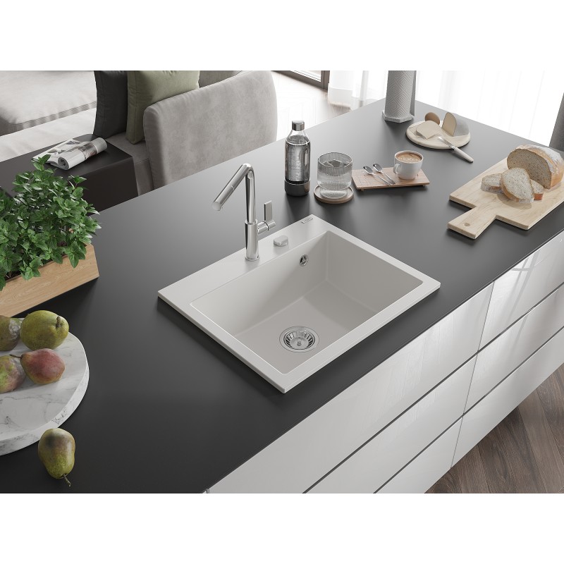 Mexen Oscar Granitspüle 1-Becken 580 x 490 mm, weiß, Chrom Siphon - 6519581000-20