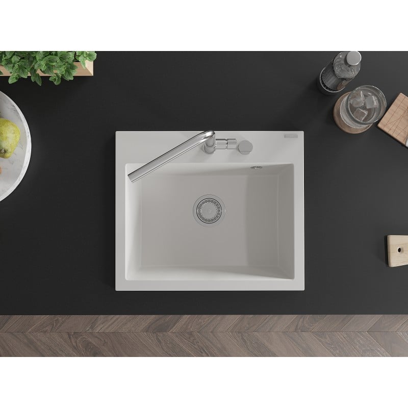 Mexen Oscar Granitspüle 1-Becken 580 x 490 mm, weiß, Chrom Siphon - 6519581000-20