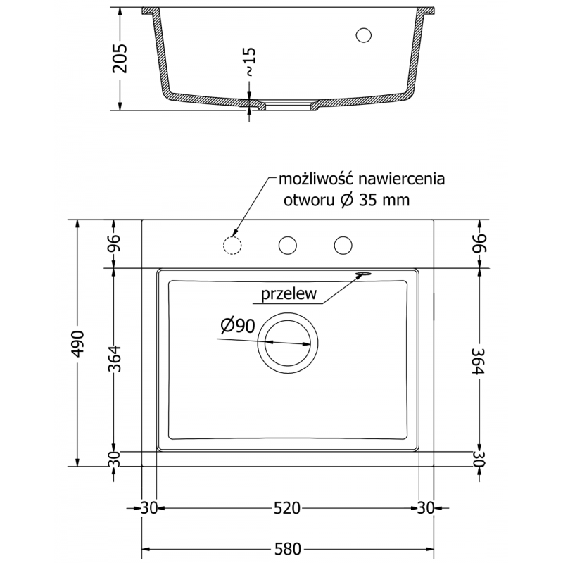 Mexen Oscar Granitspüle 1-Becken 580 x 490 mm, beige, Chromsiphon - 6519581000-69