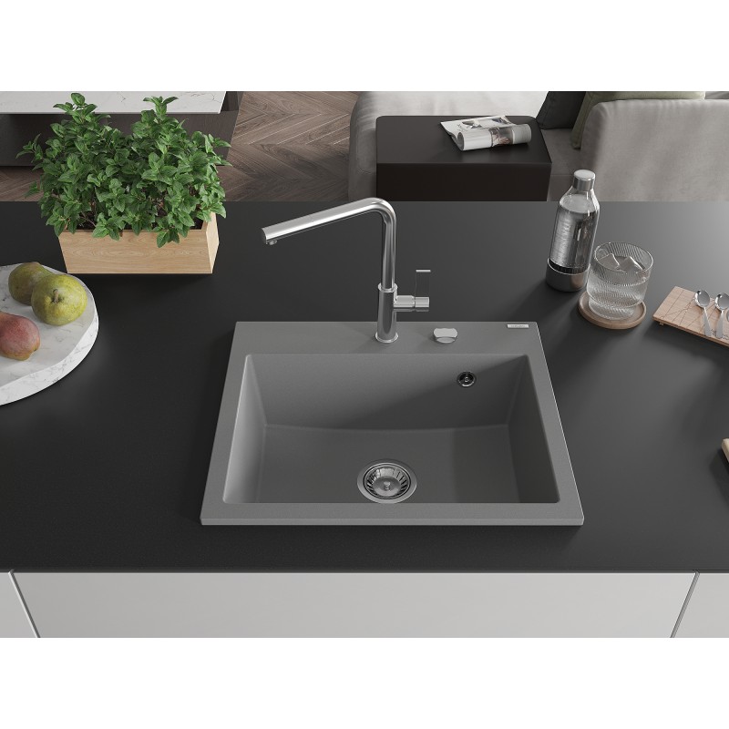 Mexen Oscar Granitspüle 1-Becken 580 x 490 mm, grau, Chromsiphon - 6519581000-71