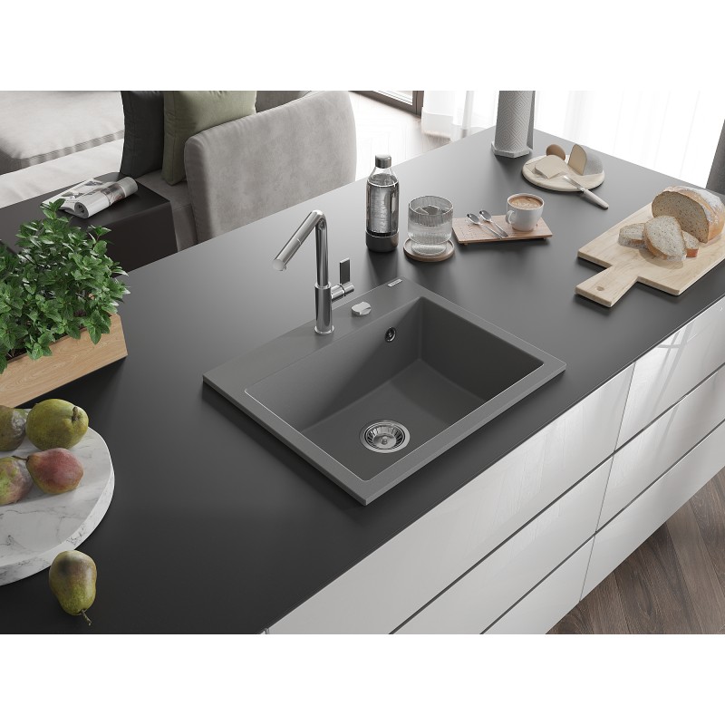 Mexen Oscar Granitspüle 1-Becken 580 x 490 mm, grau, Chromsiphon - 6519581000-71