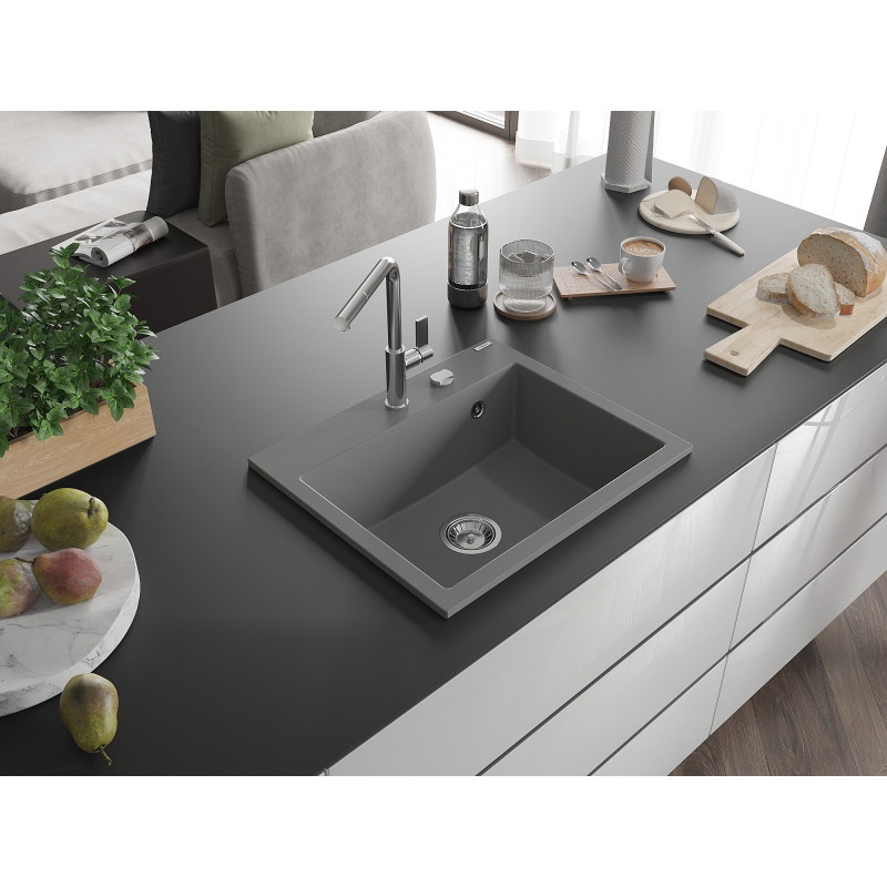 Mexen Oscar Granitspüle 1-beckig 580 x 490 mm, grau, chrom Siphon - 6519581000-71