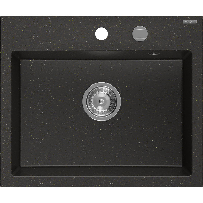 Mexen Oscar Granitspüle 1-Becken 580 x 490 mm, Schwarz/Gold Metallic, Chrom-Siphon - 6519581000-75