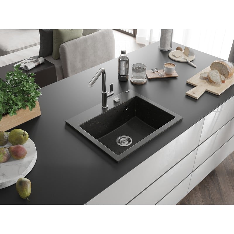 Mexen Oscar Granitspüle 1-Becken 580 x 490 mm, Schwarz/Gold Metallic, Chrom-Siphon - 6519581000-75