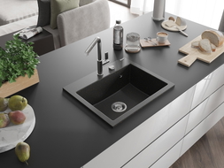 Mexen Oscar Granitspüle 1-Becken 580 x 490 mm, Schwarz/Gold Metallic, Chrom-Siphon - 6519581000-75