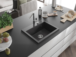Mexen Oscar Granit-Spüle 1-beckig 580 x 490 mm, schwarz gesprenkelt, Siphon Chrom - 6519581000-76