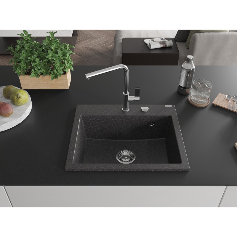 Mexen Oscar Granit-Spüle 1-beckig 580 x 490 mm, schwarz gesprenkelt, Siphon Chrom - 6519581000-76