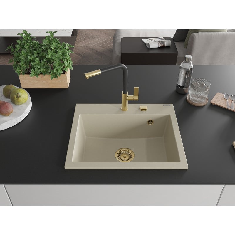 Mexen Oscar Granitspüle 1-Becken 580 x 490 mm, beige, goldener Siphon - 6519581000-69-G