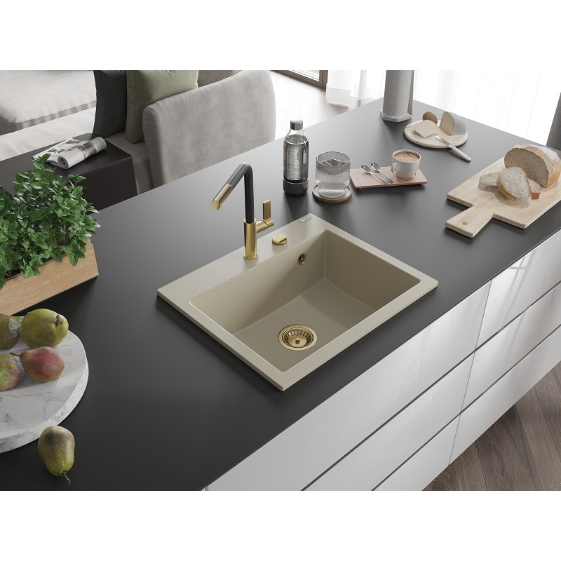 Mexen Oscar Granitspüle 1-Becken 580 x 490 mm, beige, goldener Siphon - 6519581000-69-G